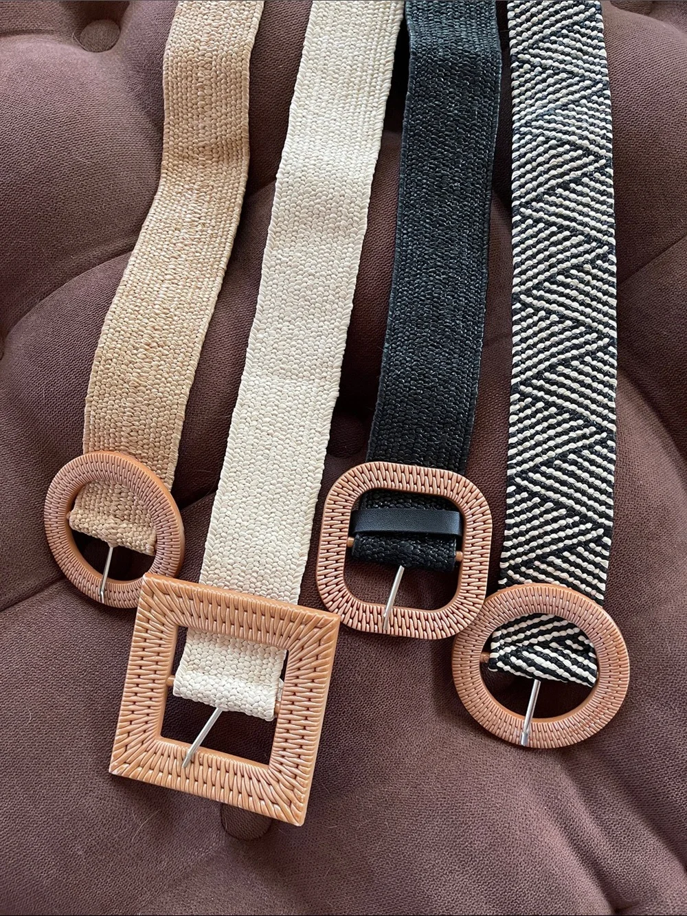 Woven Neutral Strap Belts with Rattan Buckles - Set of 4  New Size L